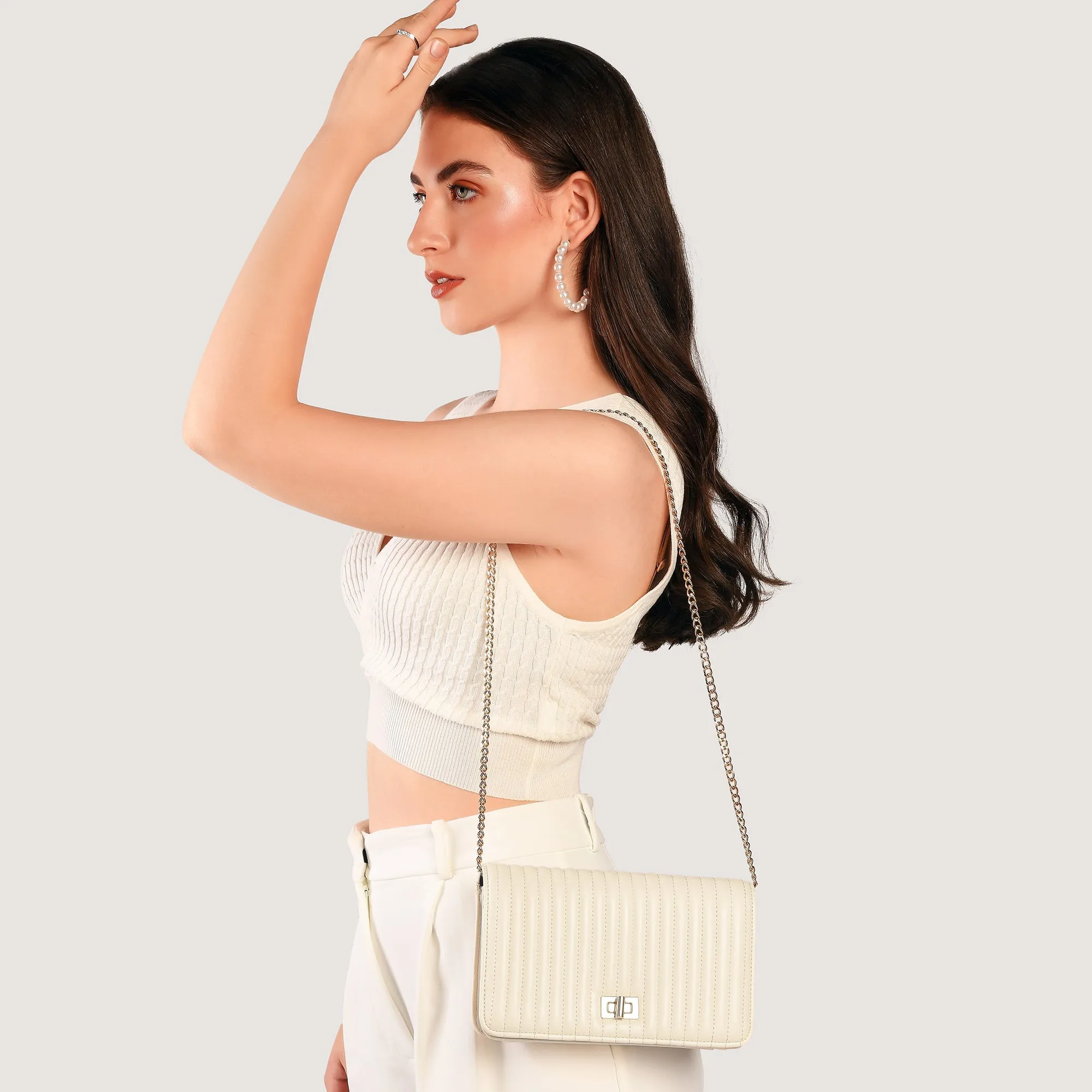 Accessorize London Women's Cream Quilted Chain Shoulder Bag