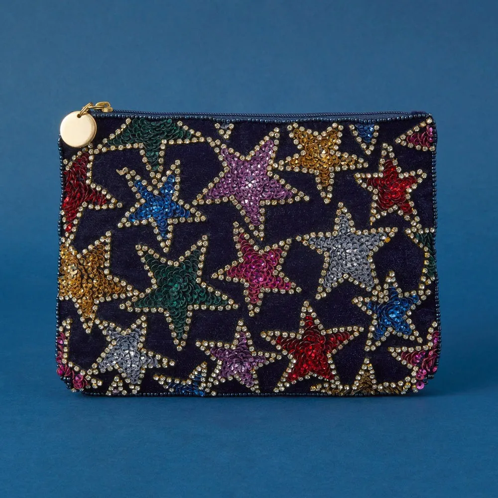 Velvet Beaded Pouch with Multi Stars for Women by Accessorize London