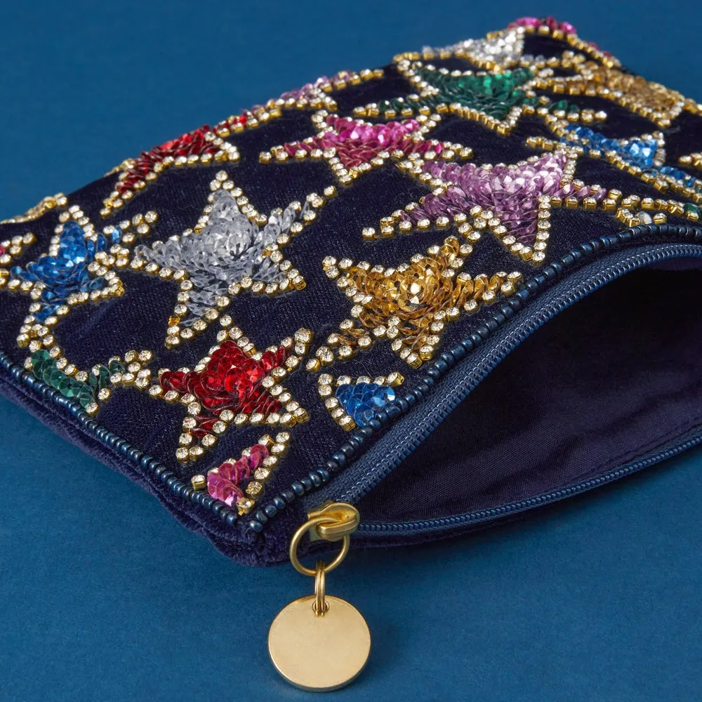 Velvet Beaded Pouch with Multi Stars for Women by Accessorize London