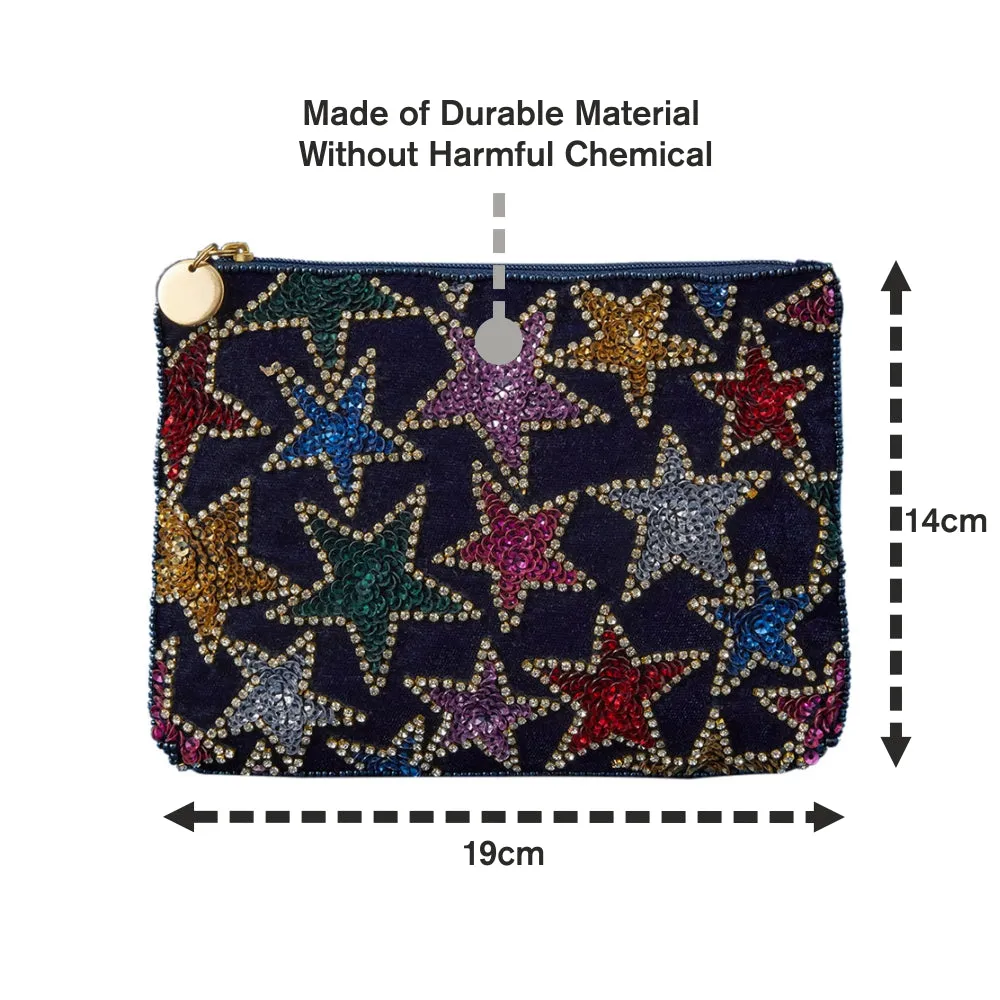 Velvet Beaded Pouch with Multi Stars for Women by Accessorize London