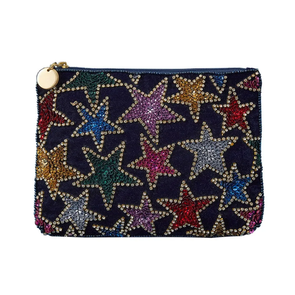 Velvet Beaded Pouch with Multi Stars for Women by Accessorize London