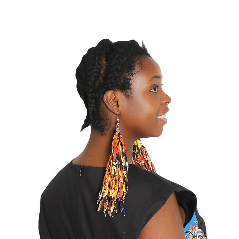 African Tribal Handmade Boho Fabric with Long Tassel Earrings Jewelry