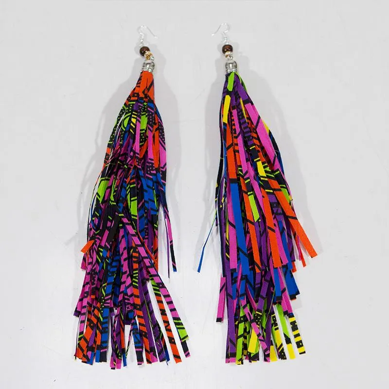 African Tribal Handmade Boho Fabric with Long Tassel Earrings Jewelry