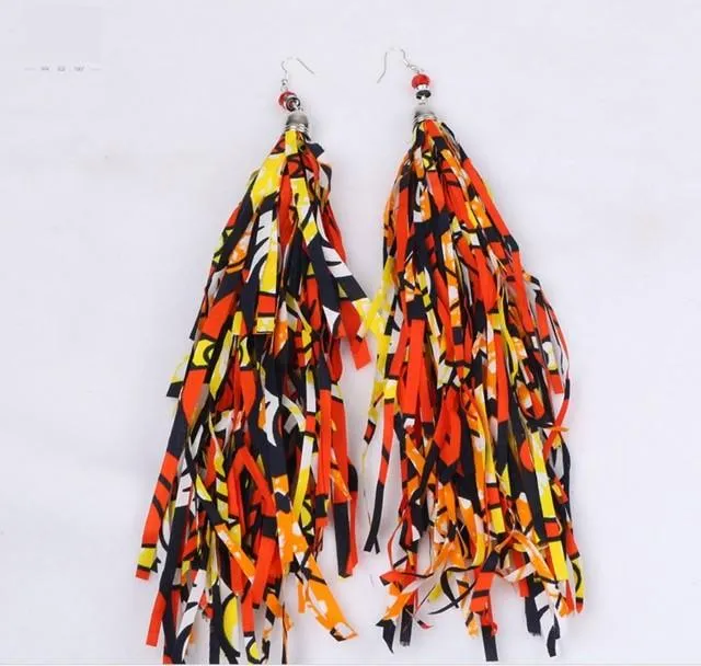 African Tribal Handmade Boho Fabric with Long Tassel Earrings Jewelry