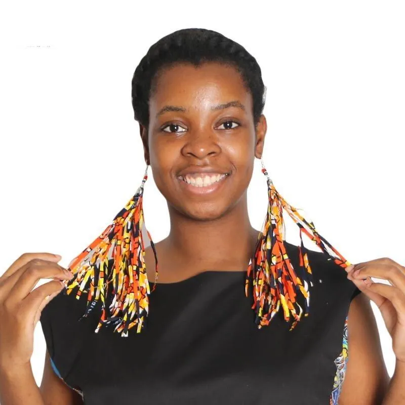 African Tribal Handmade Boho Fabric with Long Tassel Earrings Jewelry