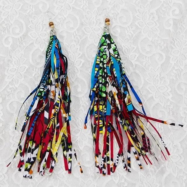 African Tribal Handmade Boho Fabric with Long Tassel Earrings Jewelry