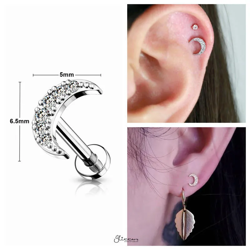 C.Z Moon Internally Threaded Top Cartilage/Tragus Flat Back Studs - Silver