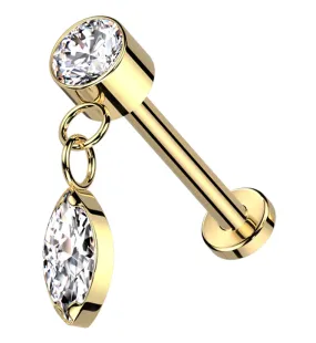 Gold PVD Dangle Marquise Clear CZ Threadless Titanium Labret