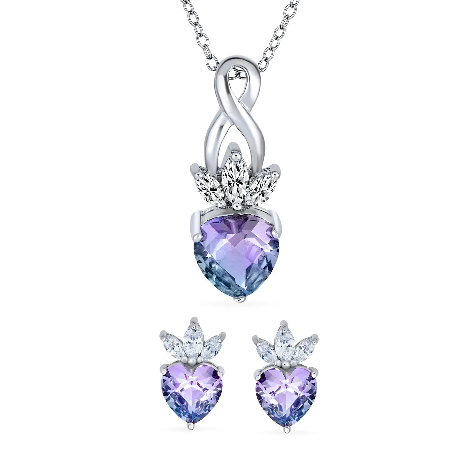 Heart Purple Mystic CZ Stud Earrings Infinity Pendant Jewelry Set