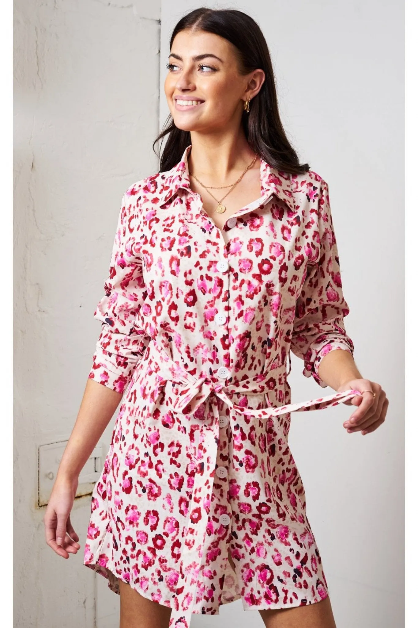 Love Frontrow Pink Leopard Print Shirt Dress