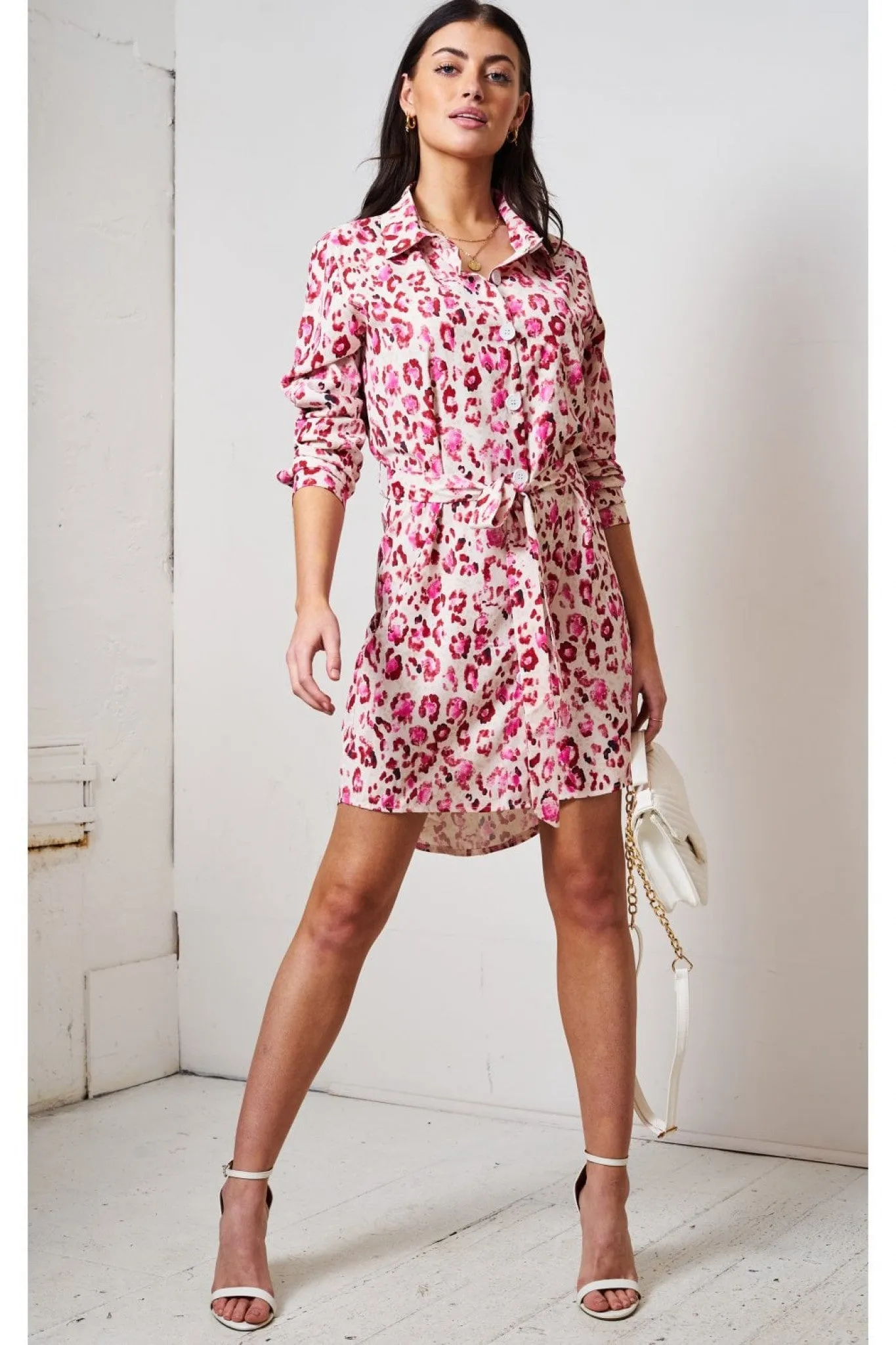 Love Frontrow Pink Leopard Print Shirt Dress