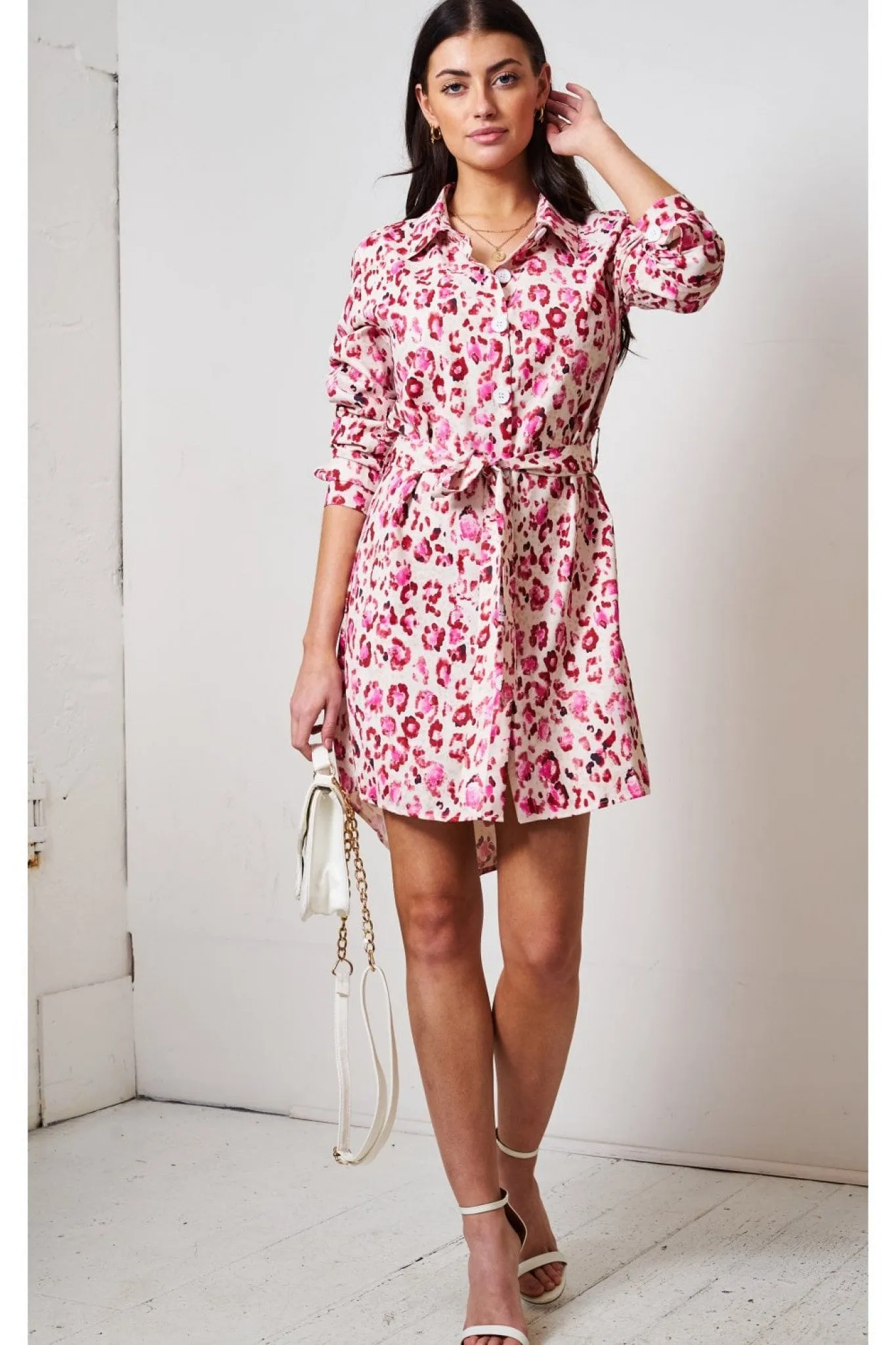 Love Frontrow Pink Leopard Print Shirt Dress