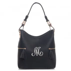 Monogrammed Double Tassel pocket Black hobo bag -The Morgan