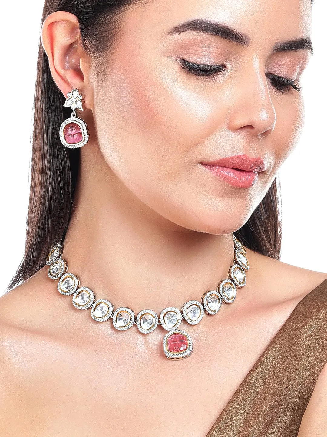 Rhodium-Plated Polki Kundan With Pink Stone Studded Jewelry Set