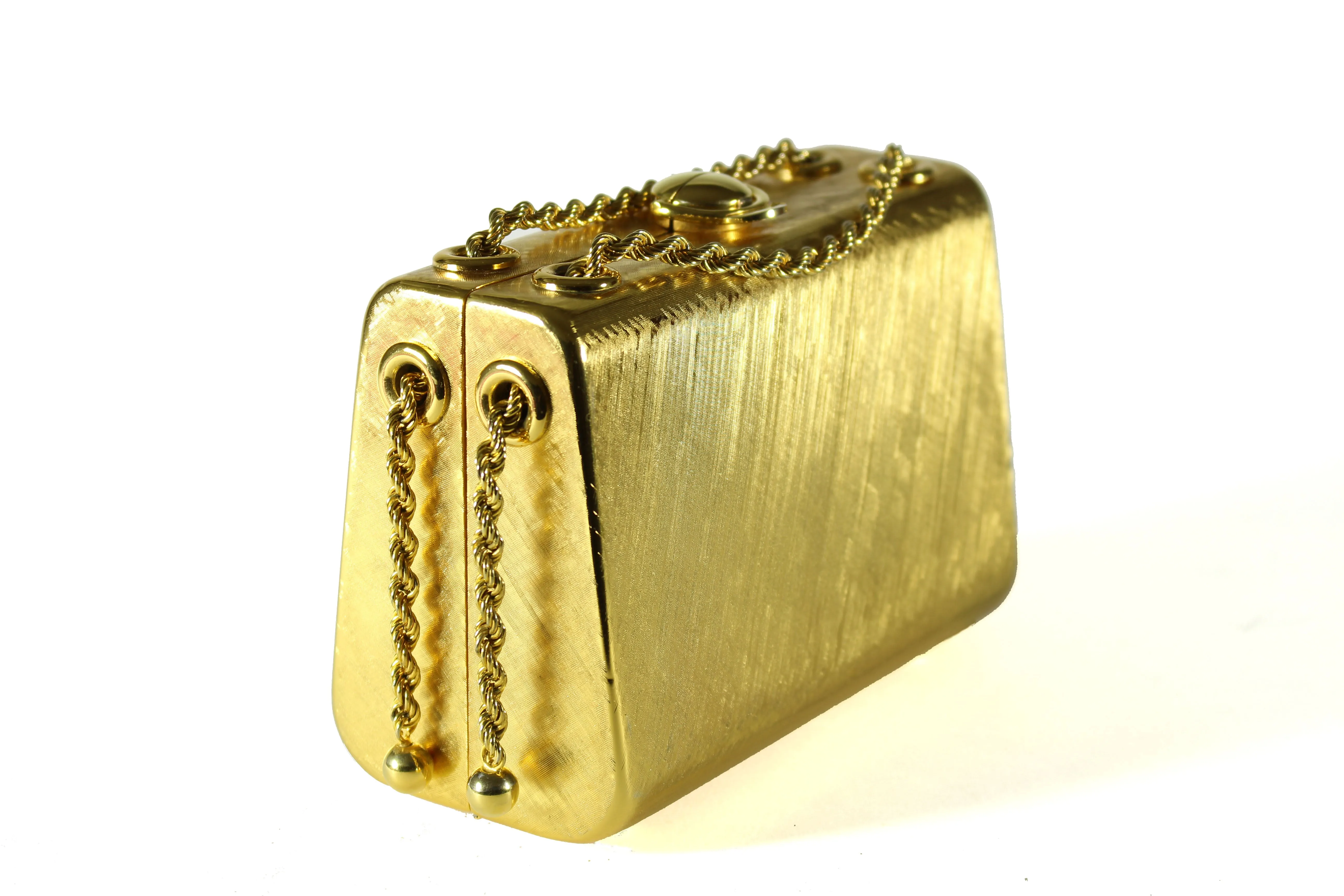 RODO clutch gold tone box bag with sliding chain