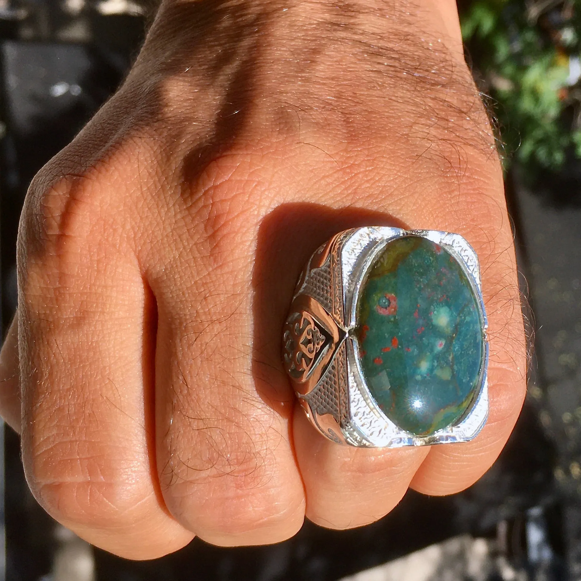 Sterling Silver Mens Ring Bloodstone Heliotrope Unique Artisan Statement Jewelry