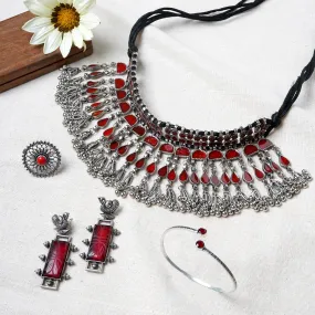 Teejh Bela Red Stone Silver Oxidised Jewelry Gift Set