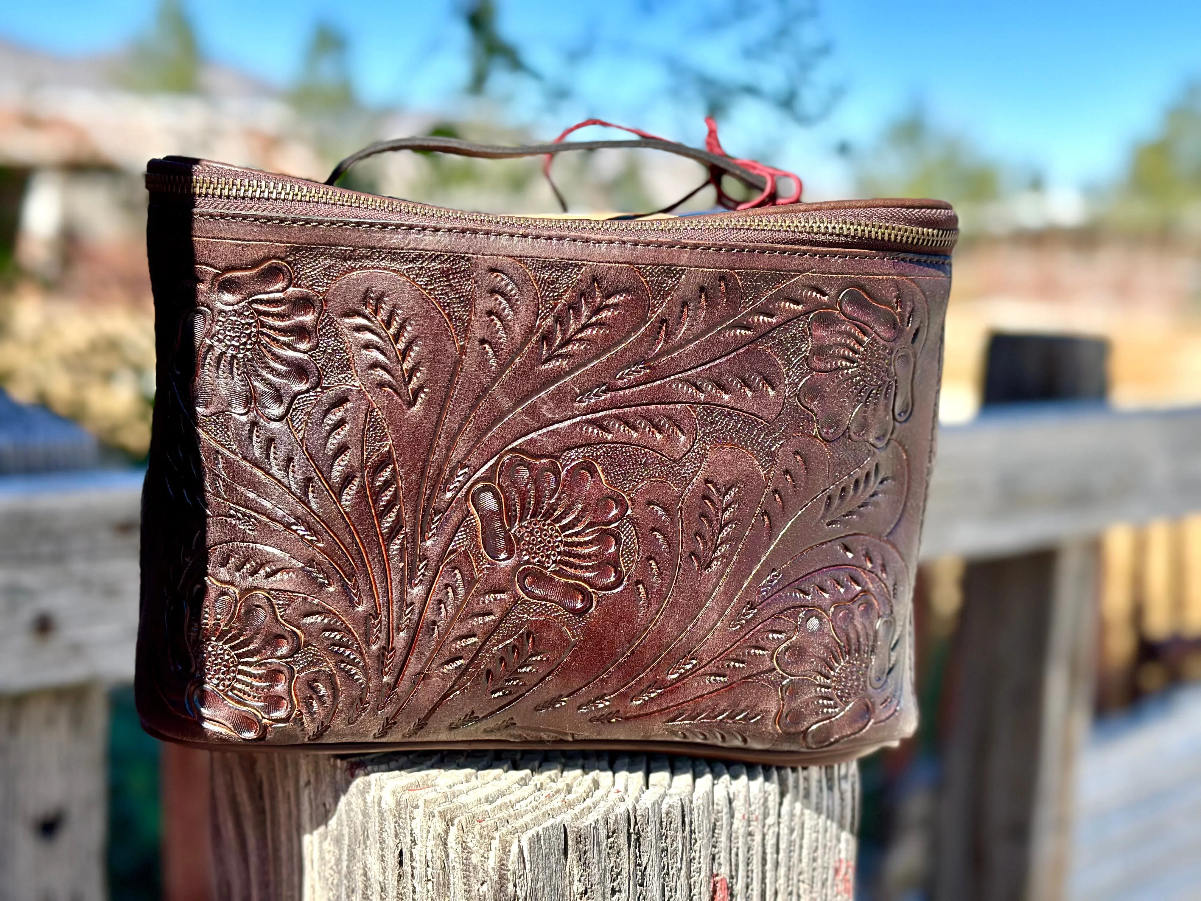 The STS Westward Ho Tooled Leather Makeup Train Case