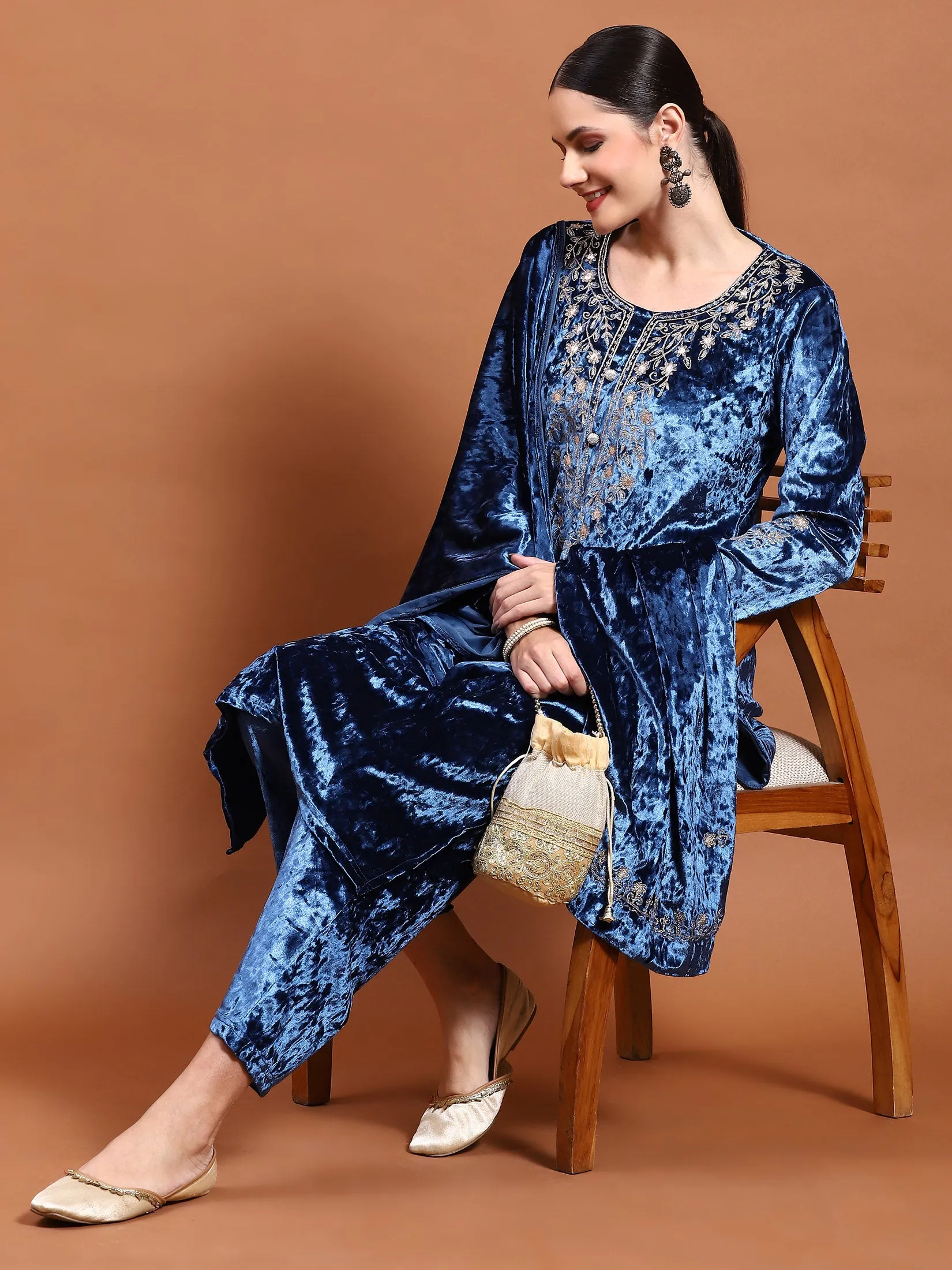 Winter Women Blue Embroidered Kurta Bottom Dupatta