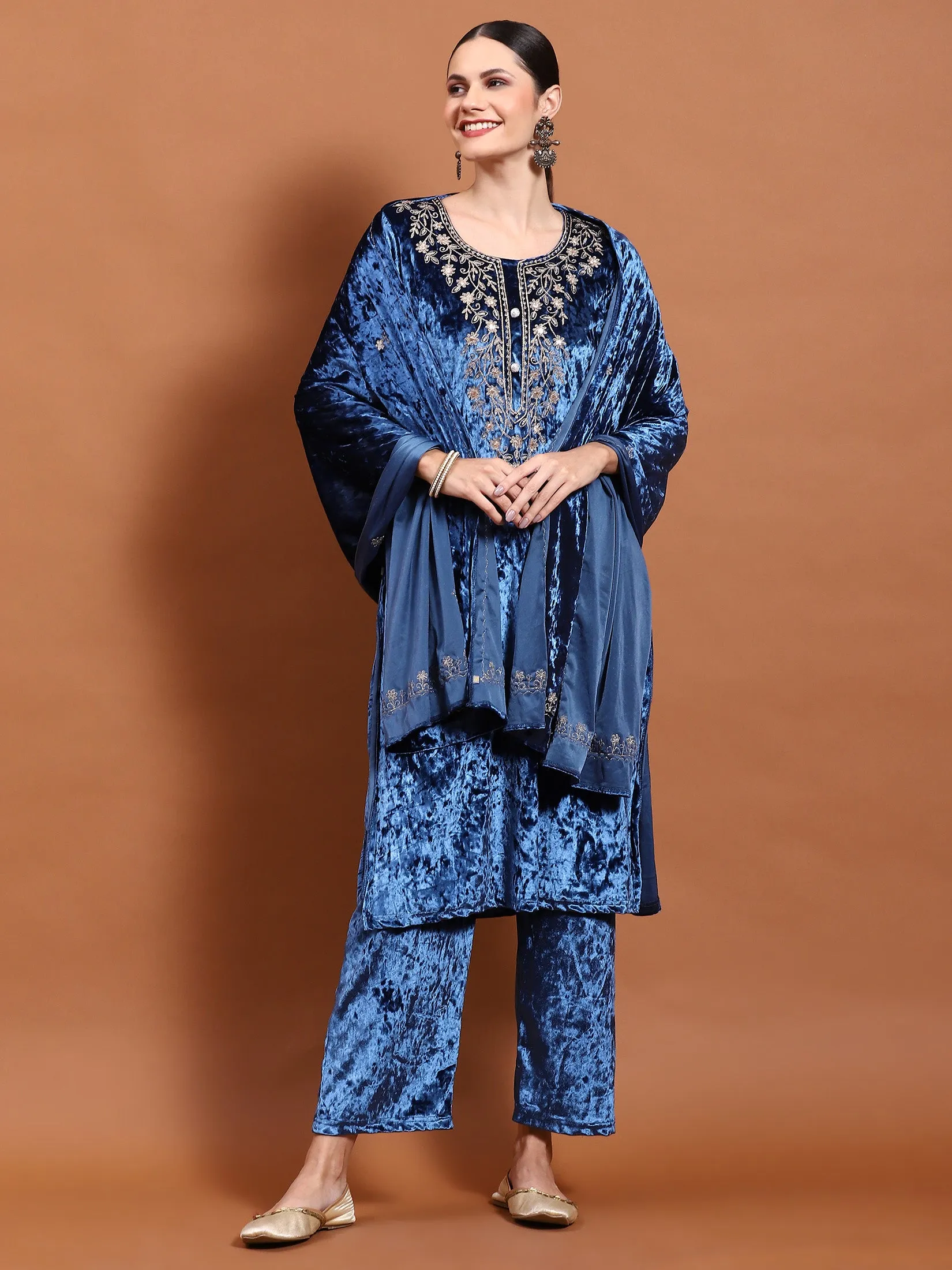 Winter Women Blue Embroidered Kurta Bottom Dupatta