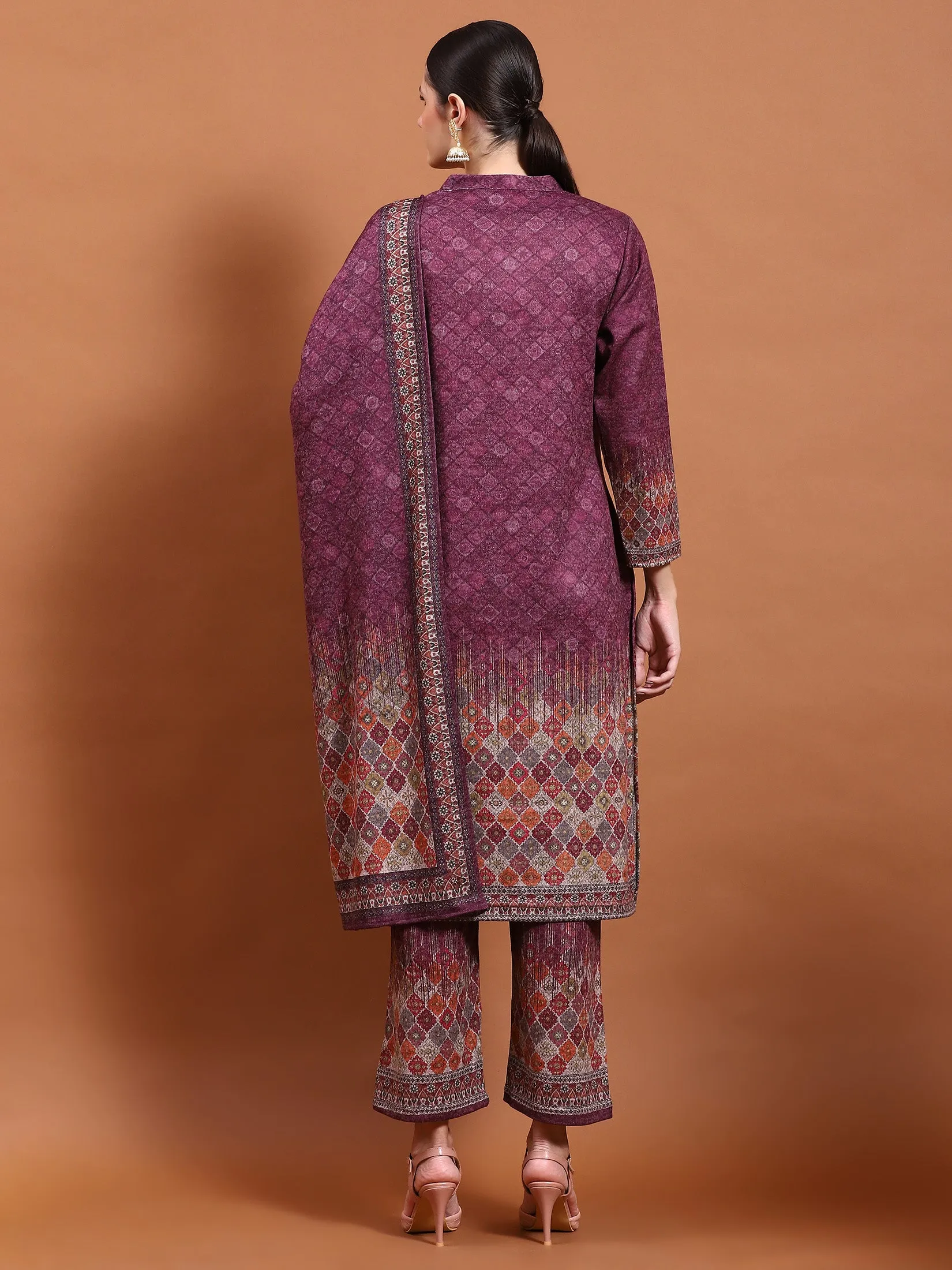 Winter Women Burgundy Printed Kurta Bottom Dupatta