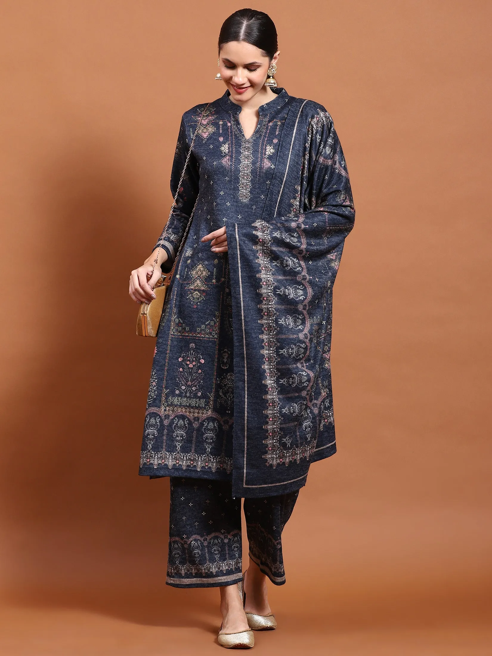 Winter Women Grey Printed Kurta Bottom Dupatta