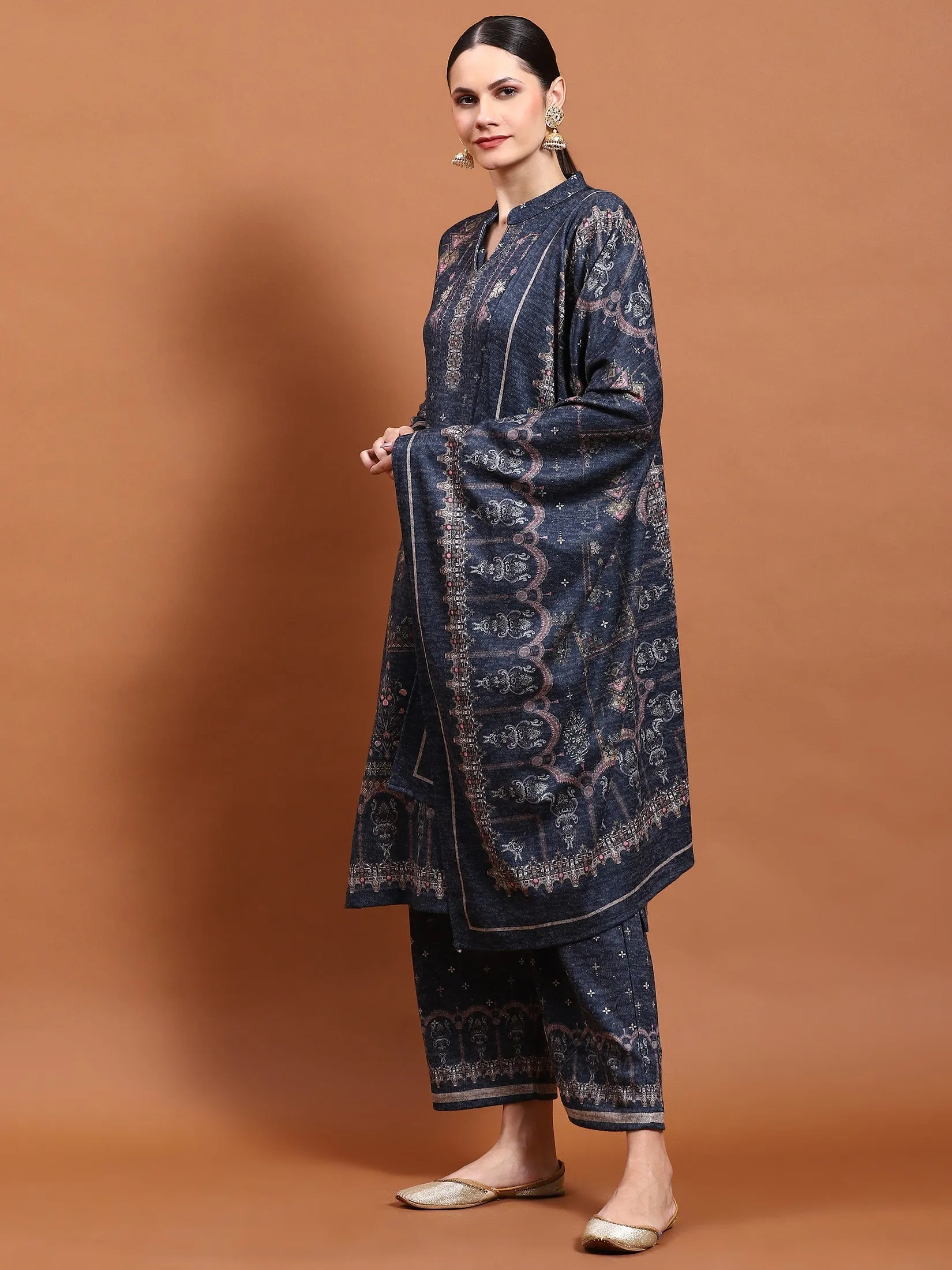 Winter Women Grey Printed Kurta Bottom Dupatta