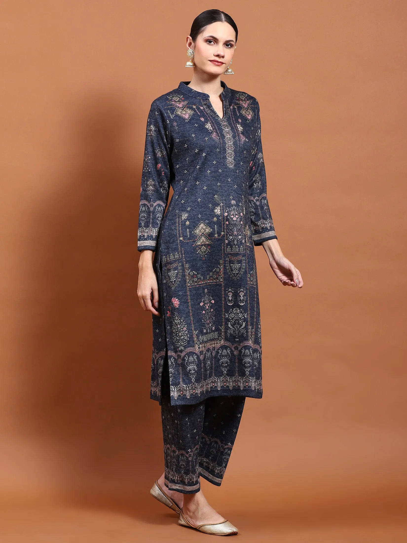 Winter Women Grey Printed Kurta Bottom Dupatta