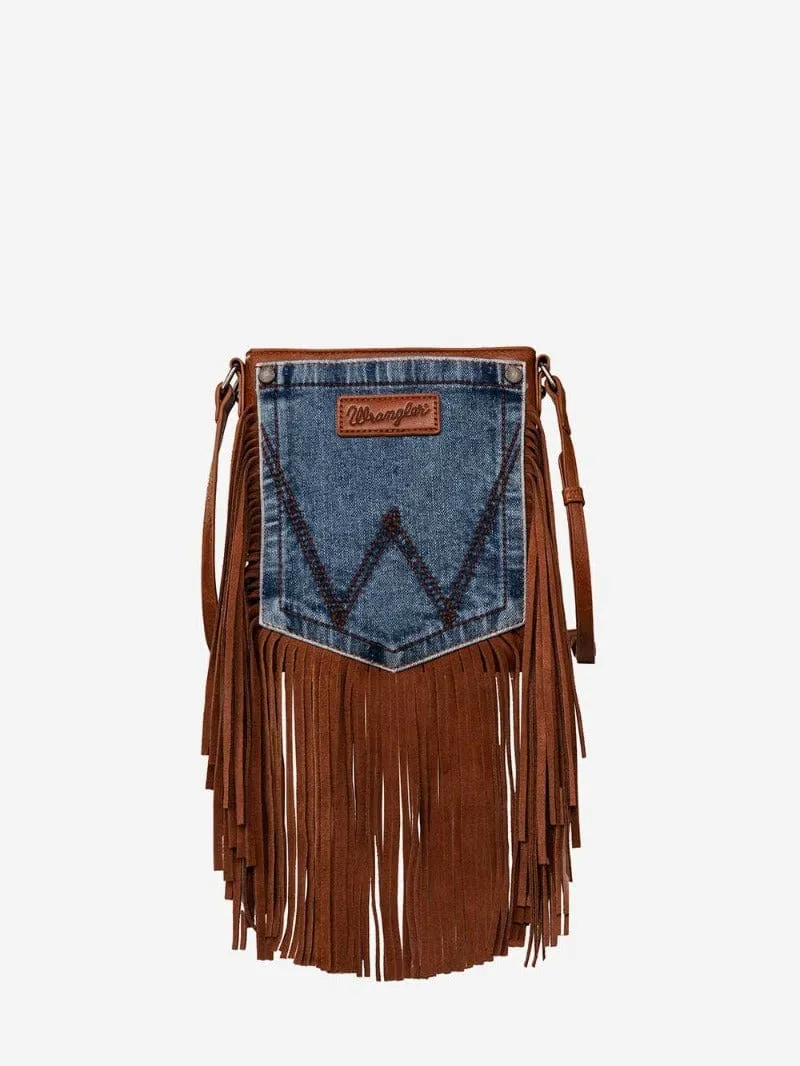 Wrangler Crossbody Bag Jean Pocket Leather Fringe Brown